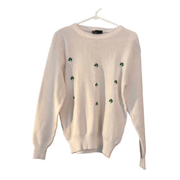 St  Patricks Day Sweater Woman’s Vtg Embroiderd Shamrocks White V-neck FLAW - Picture 1 of 9